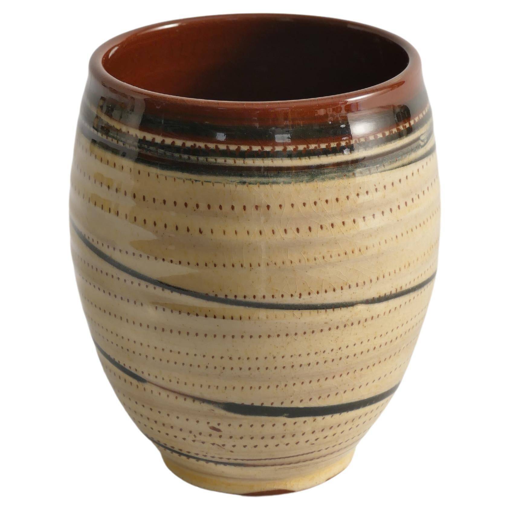 Hand-Painted Earthenware Vase with Creme and Black Graphic Decor, Sweden