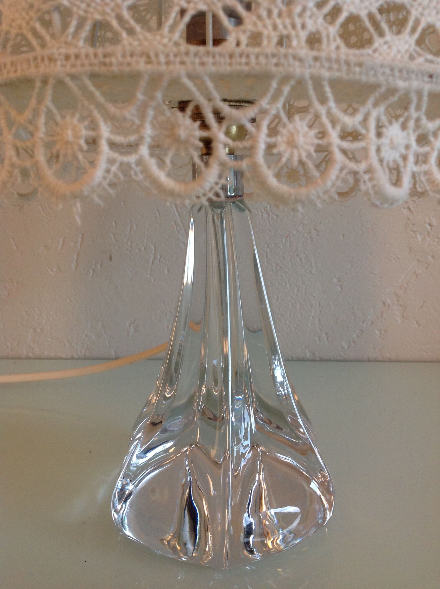 Bedside lamp glass foot and lampshade hook ecru / vintage 60s-70s