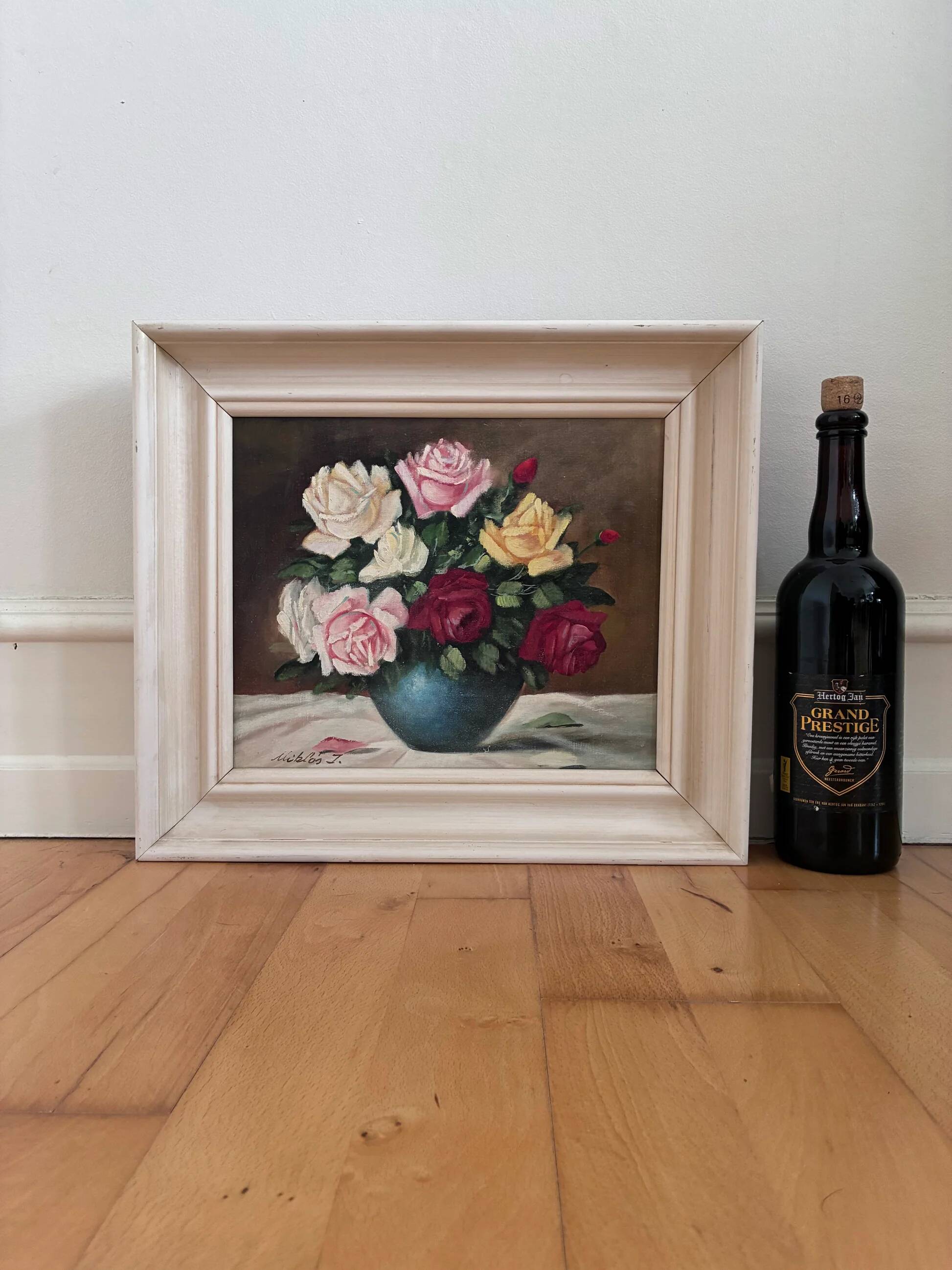 Vintage original floral rose oil painting, signed flower art