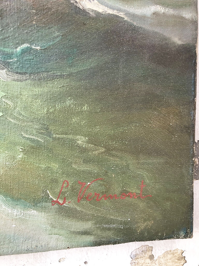 Oil painting raging sea L.Vermont 19th