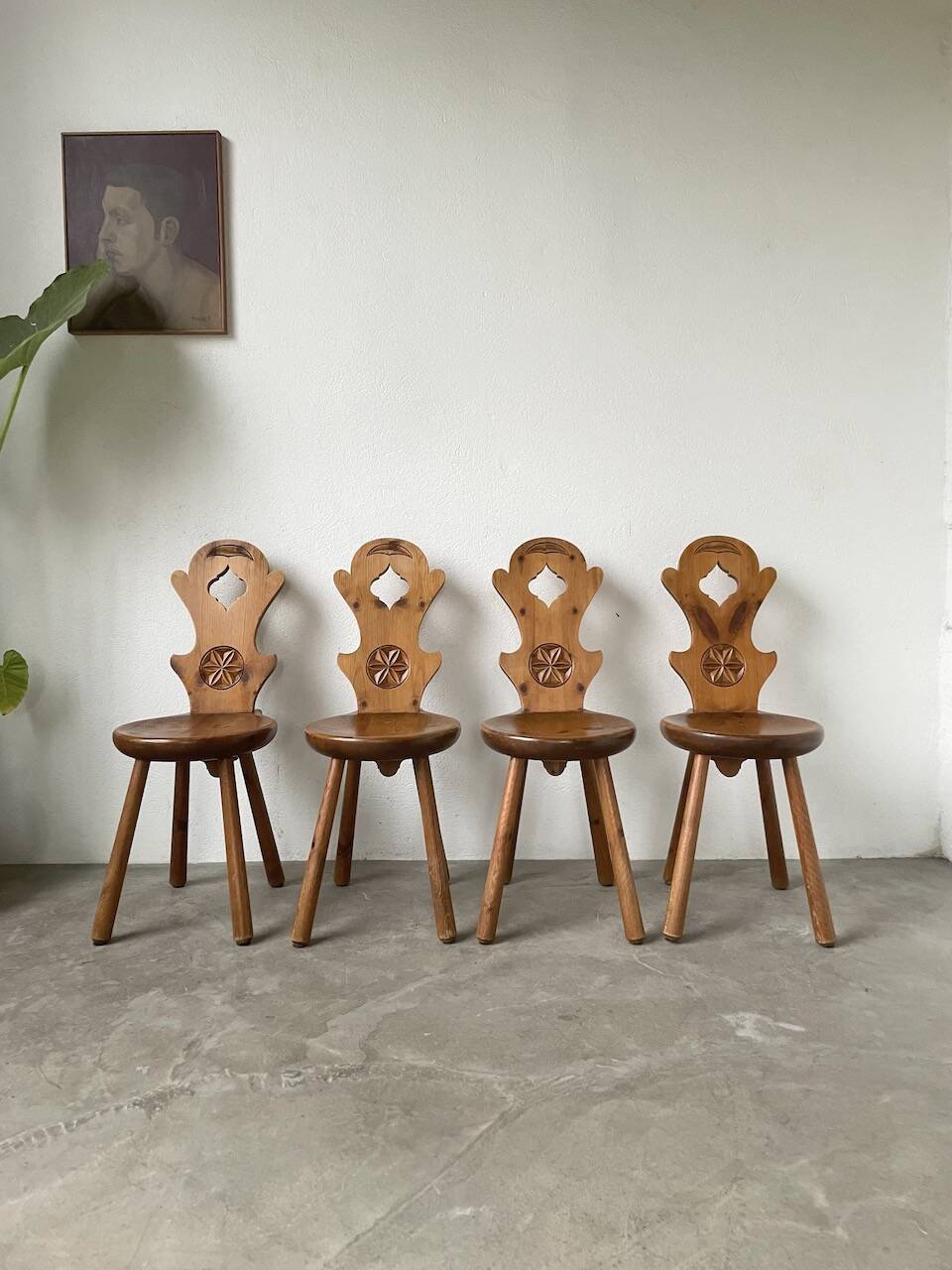 Set of 4 Savoyard pine chairs from the 60s