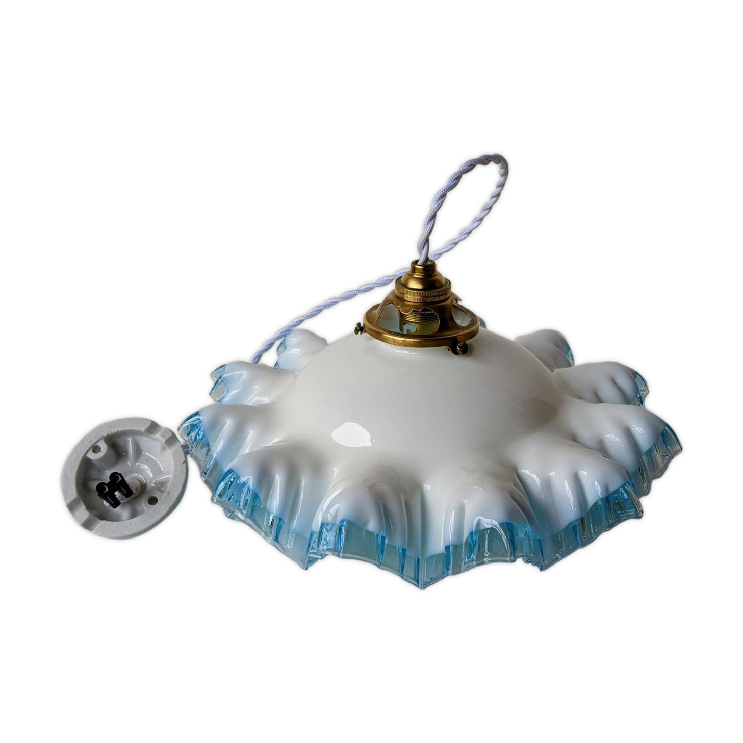 Old French suspension lamp in corrugated opaline glass gradient blue