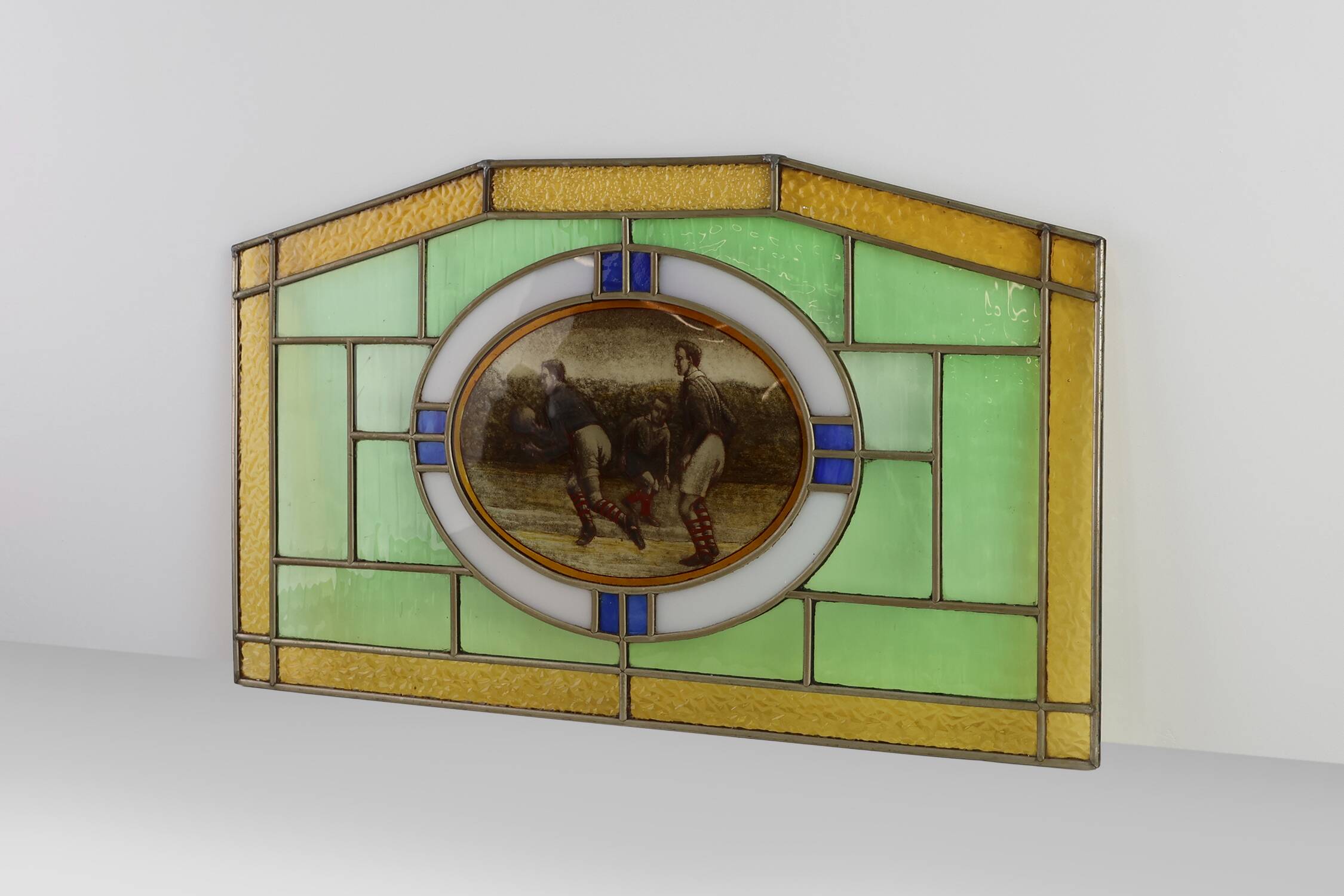 Art Deco Stained Glass Panel Depicting Early Football Scene, Belgium ca. 19