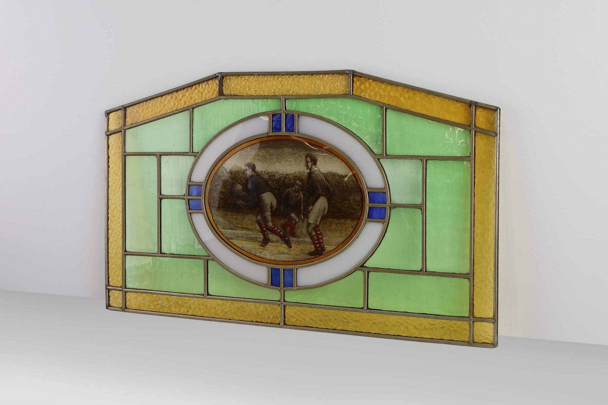 Art Deco Stained Glass Panel Depicting Early Football Scene, Belgium ca. 19