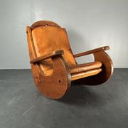 Brutalist pine rocking lounge chair with leather seat by Wasa 1984