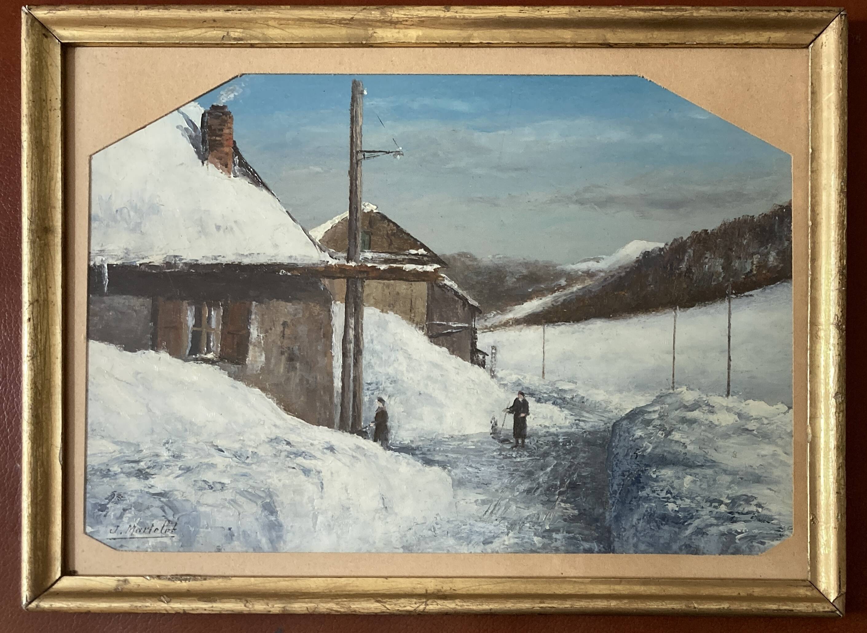 Ancient painting - Village under the snow - Montgenèvre - Hautes Alpes