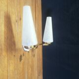 Double wall sconce in brass, porcelain and speckled glass 1950