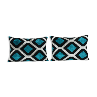 Blue silk ikat velvet pillow covers