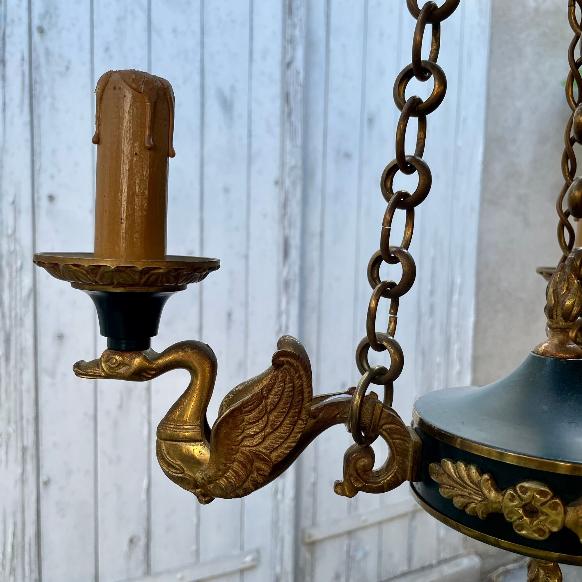 Lucien gau chandelier pendant lamp in bronze with swan decoration.