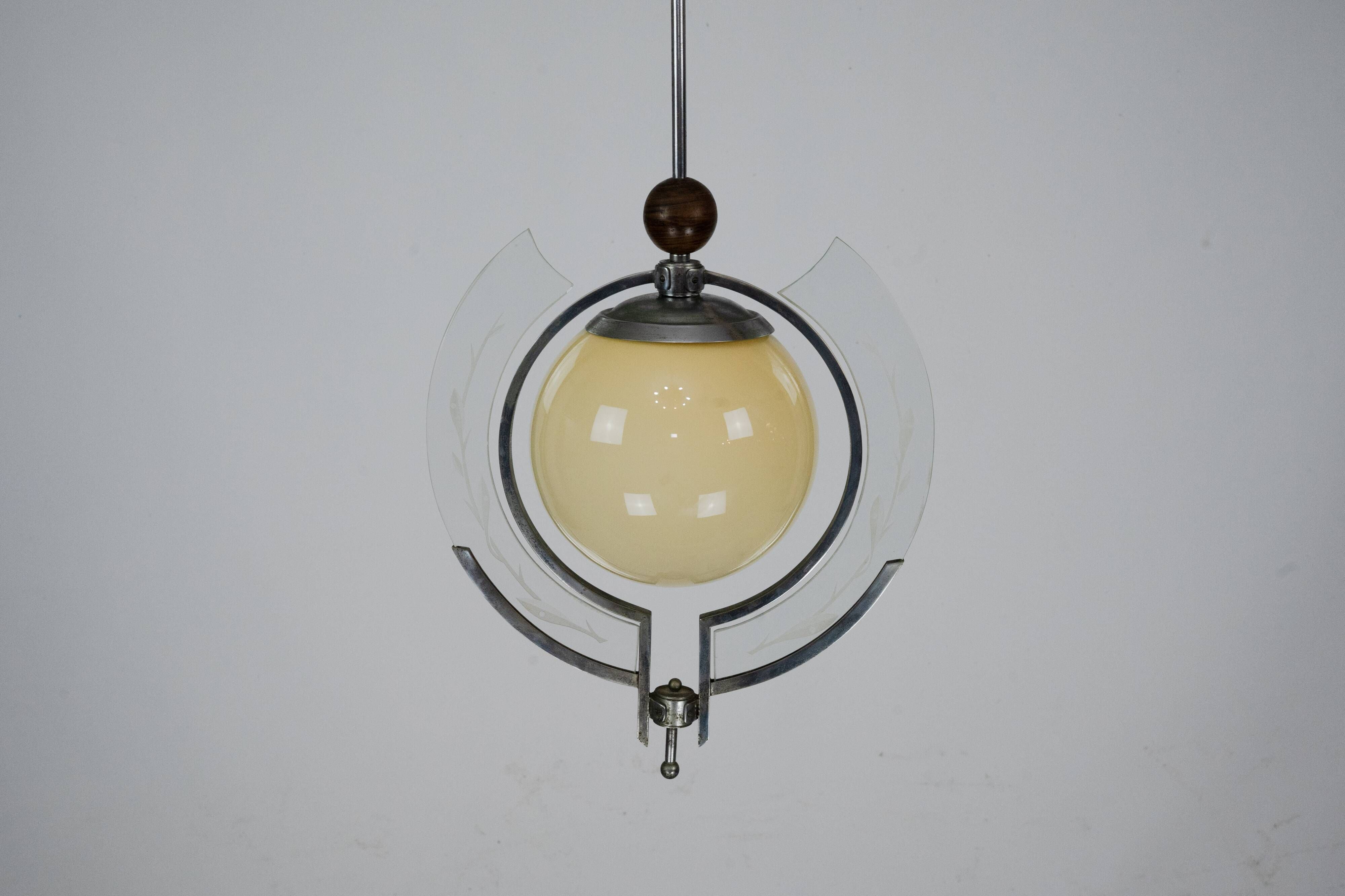1930s Italian Art Deco Pendant Light with Etched Glass and Amber Globe
