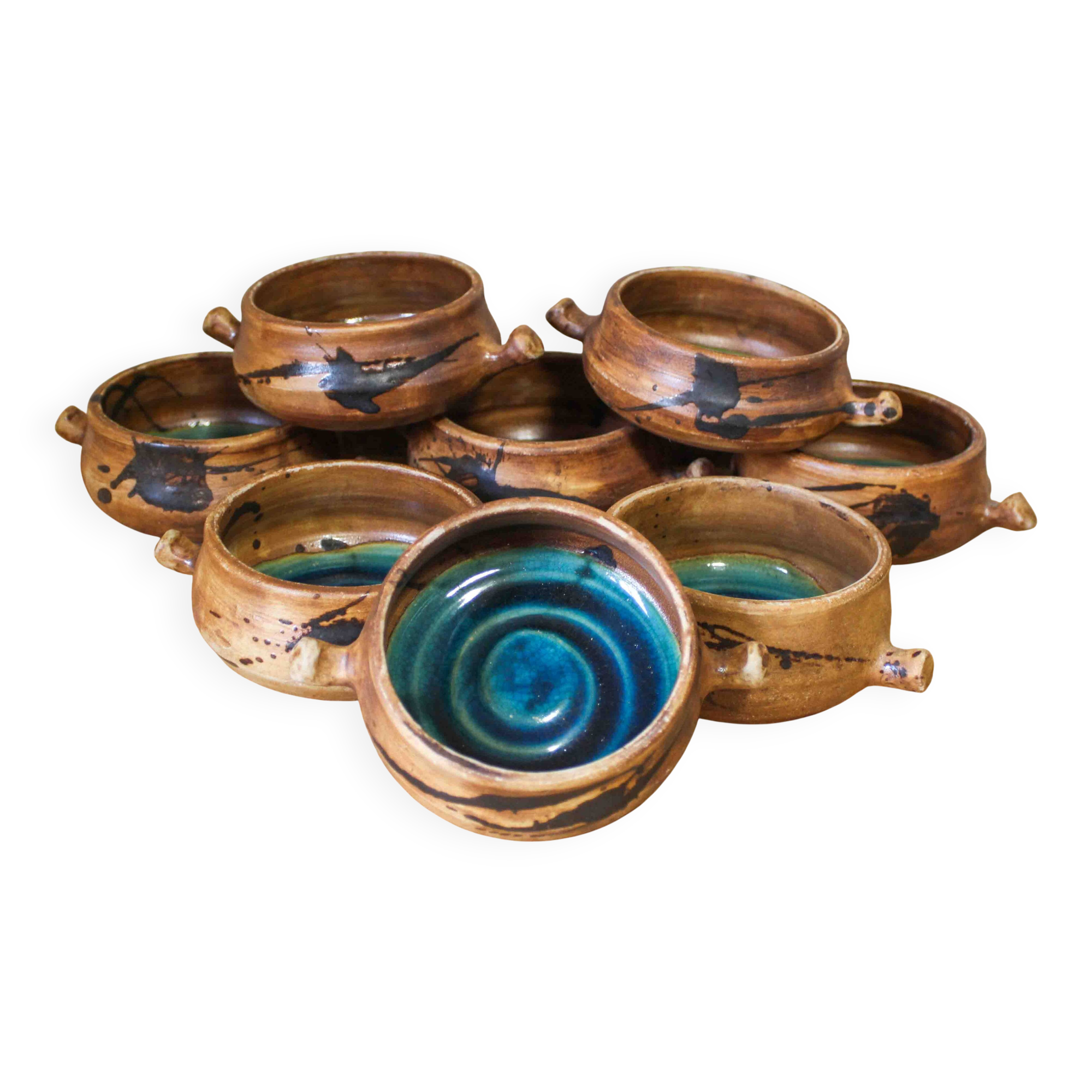 Set of 8 ceramic fondue pots from La Colombe pottery