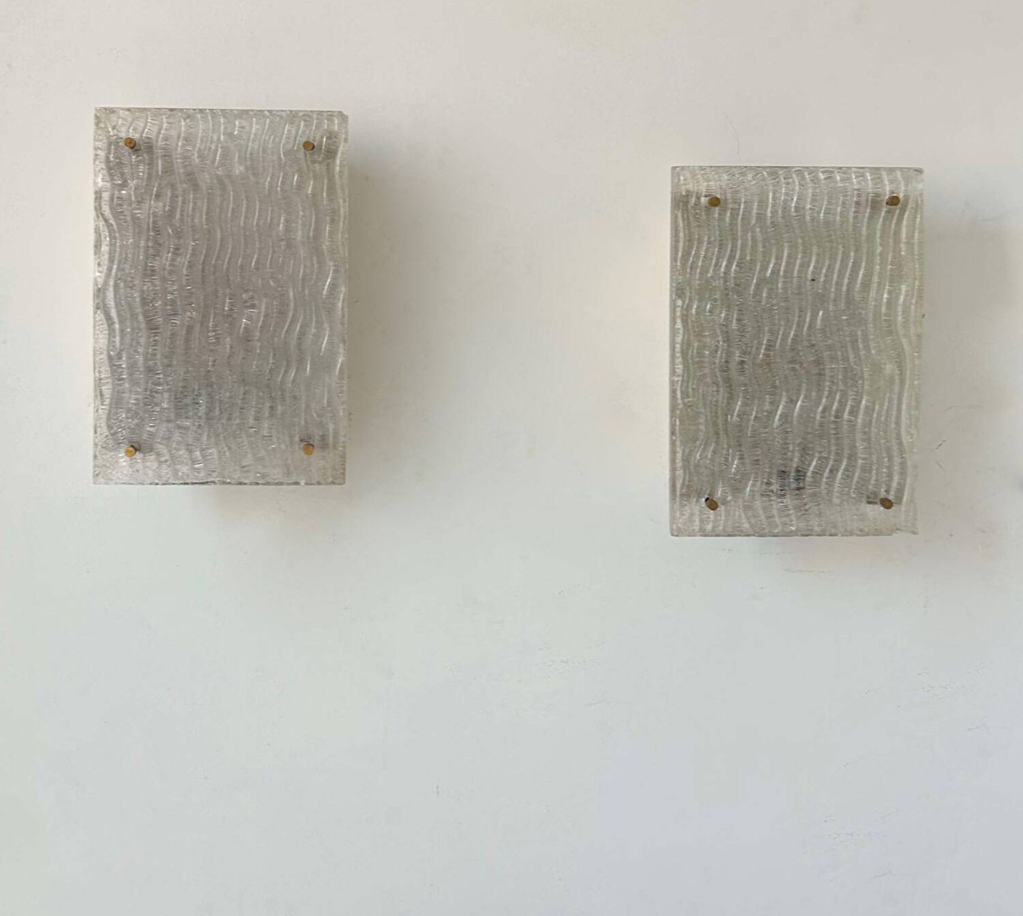 Pair of vintage sconces, molded frosted glass, Murano Italy 1970