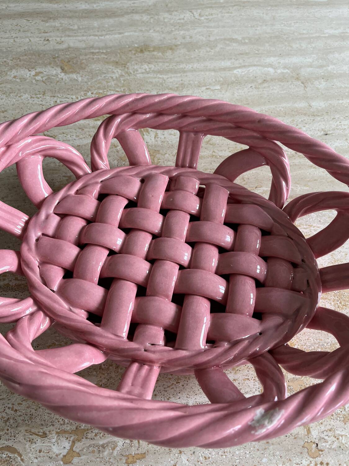 Vintage pink woven ceramic fruit basket