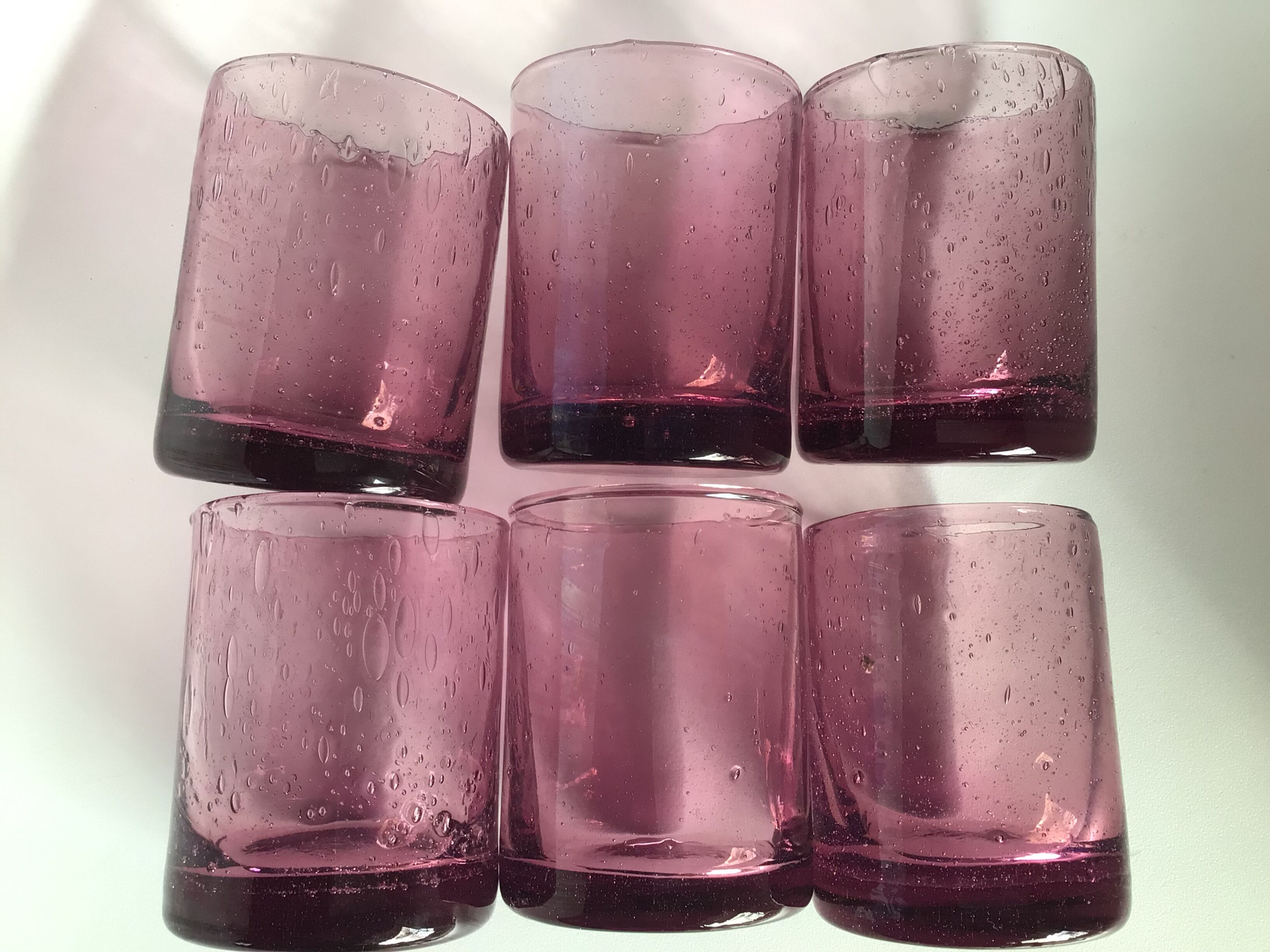 6 Straight bubbled glasses purple mouth blown glass