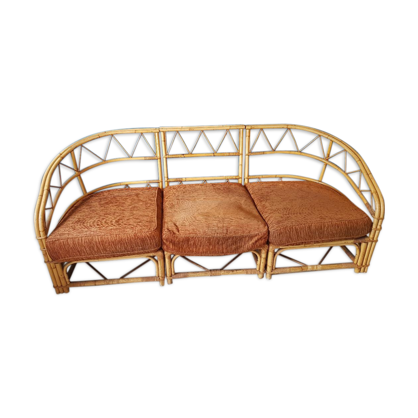 Canapé rotin vintage 3 places, 3 modules- possibilité banquette et chauffeuse