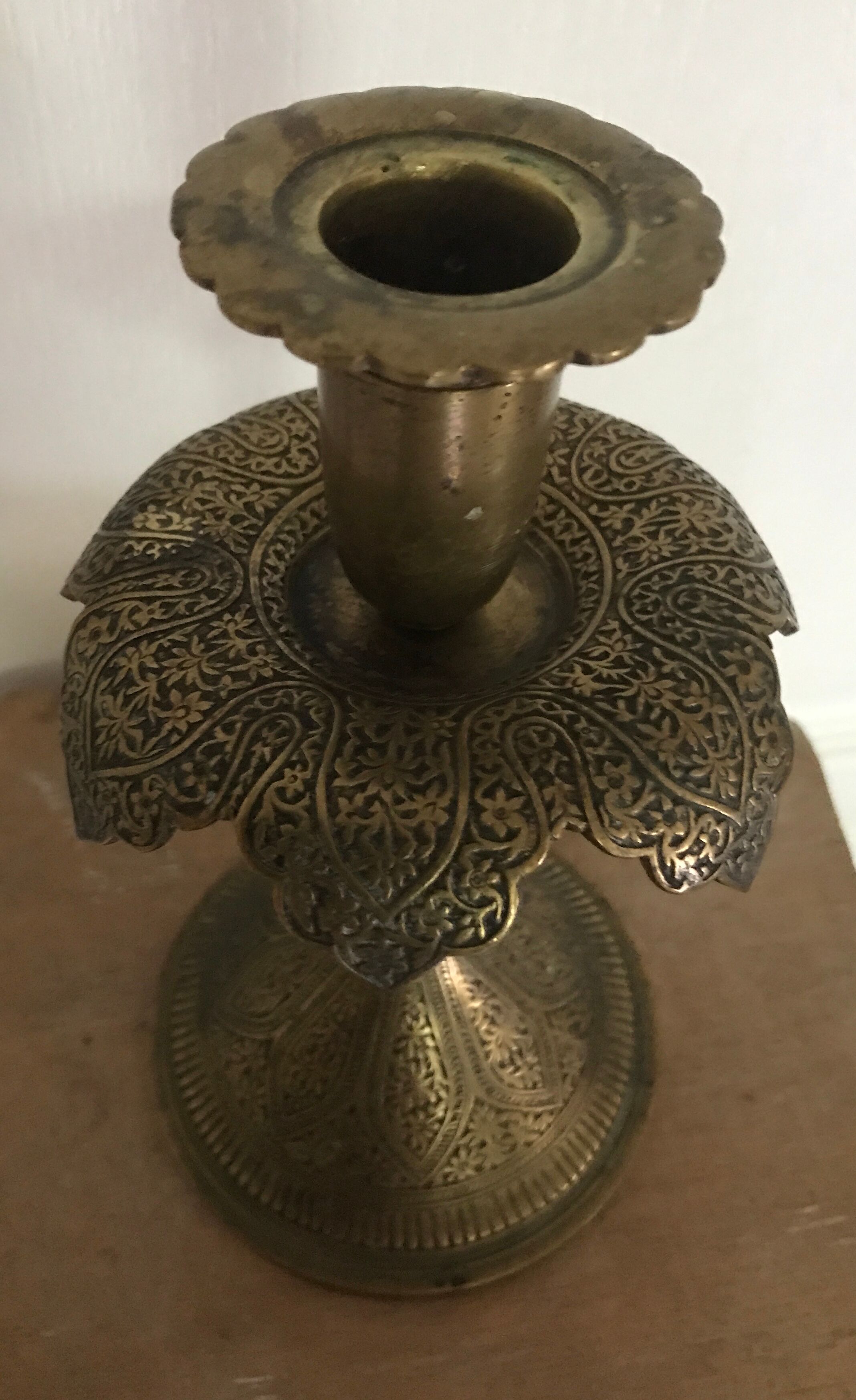 Old persian candle holder, ottoman in brass chiseled XIXth