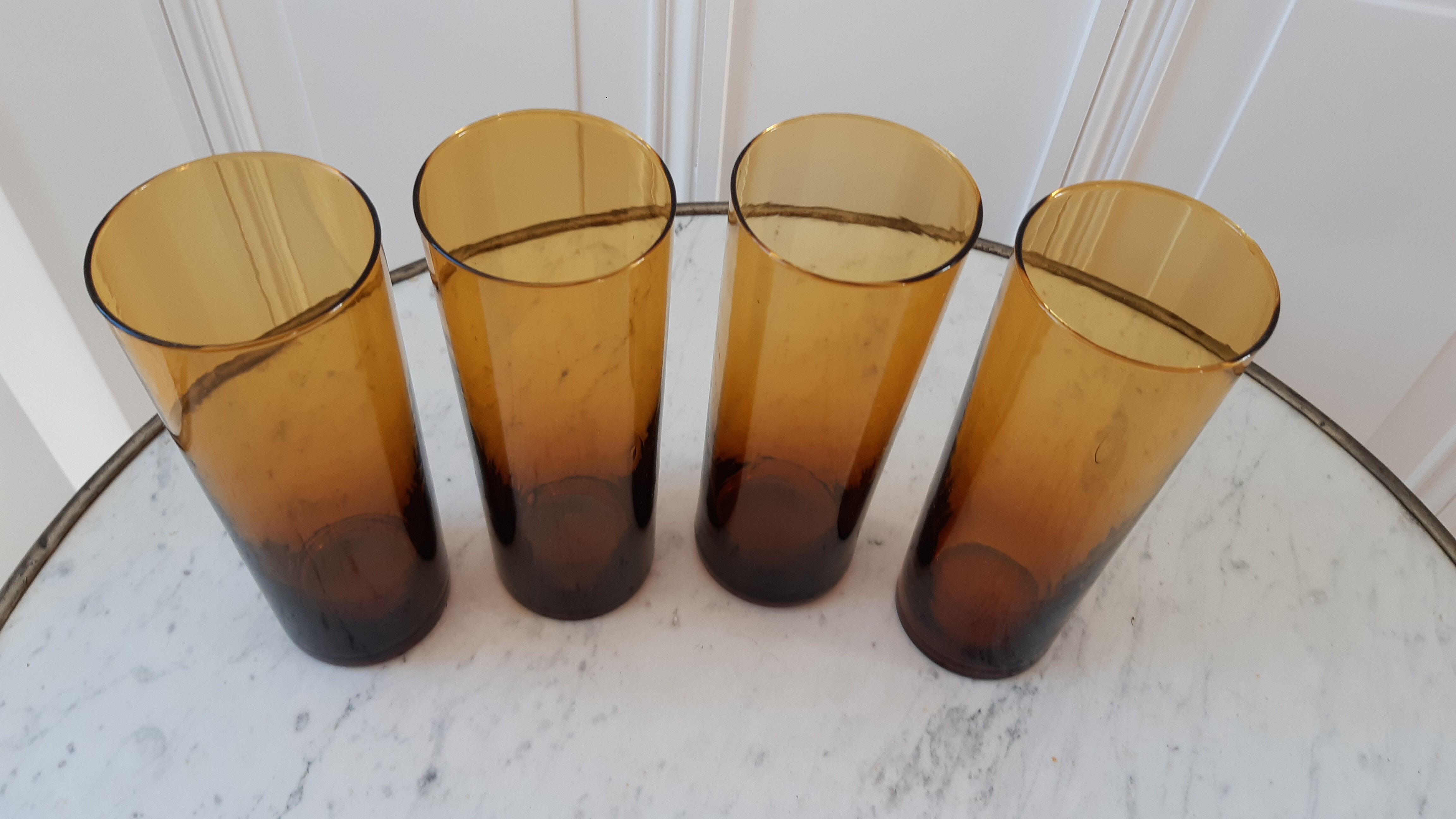 Set of 4 amber glass glasses with thick bottoms 70s