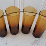 Set of 4 amber glass glasses with thick bottoms 70s