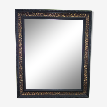 Miroir cadre ancien 80x68 cm bois et stuc relooké noir et or