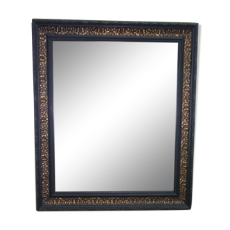 Miroir cadre ancien 80x68 cm bois et stuc relooké noir et or
