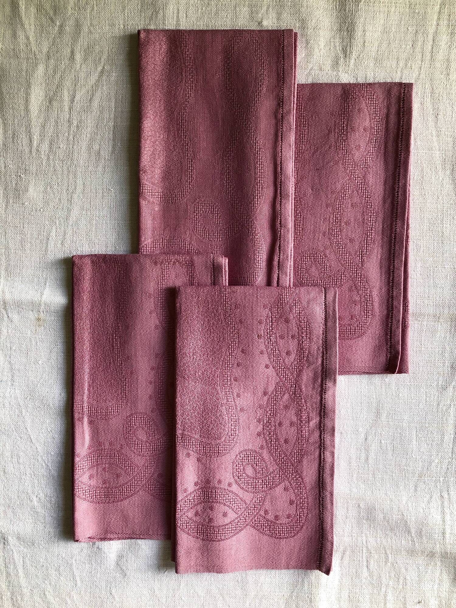 Set of four old damasked towels dyed cyclamen