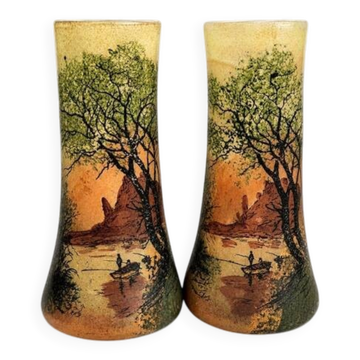 Pair of enamelled glass vases, with finely painted decoration.