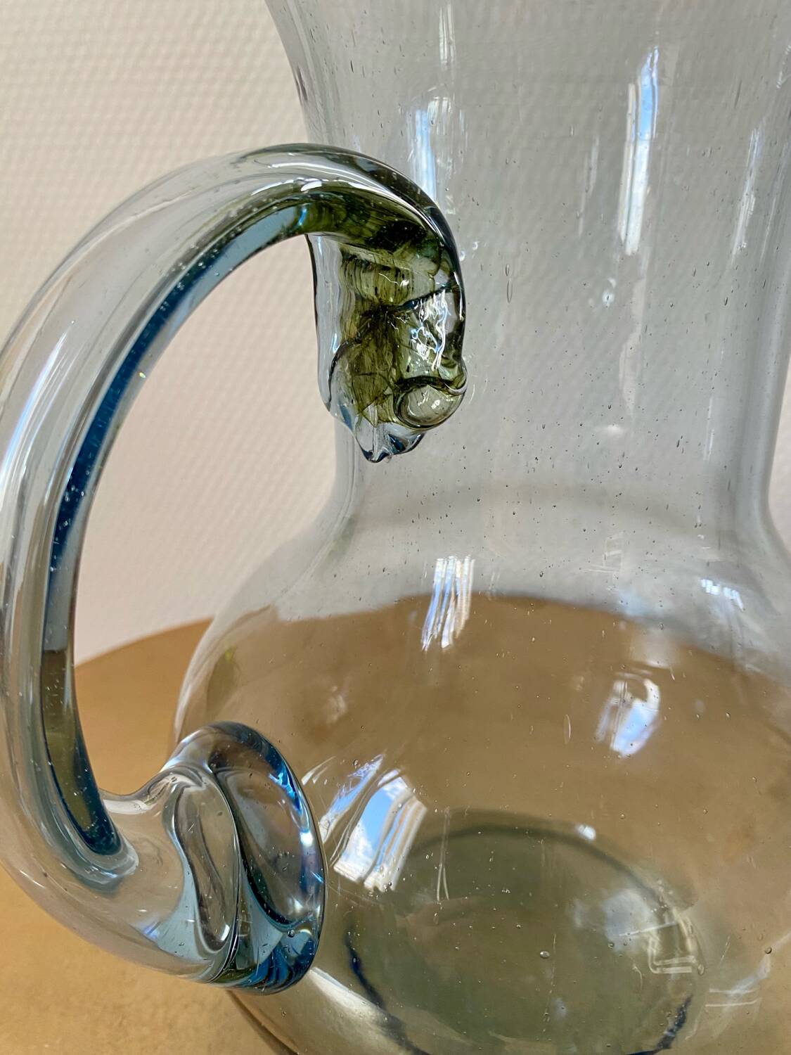 Biot style blue blown glass water pitcher