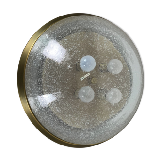 Ice glass bubble brass ceiling light by Hillebrand Leuchten, Germany, 1970s