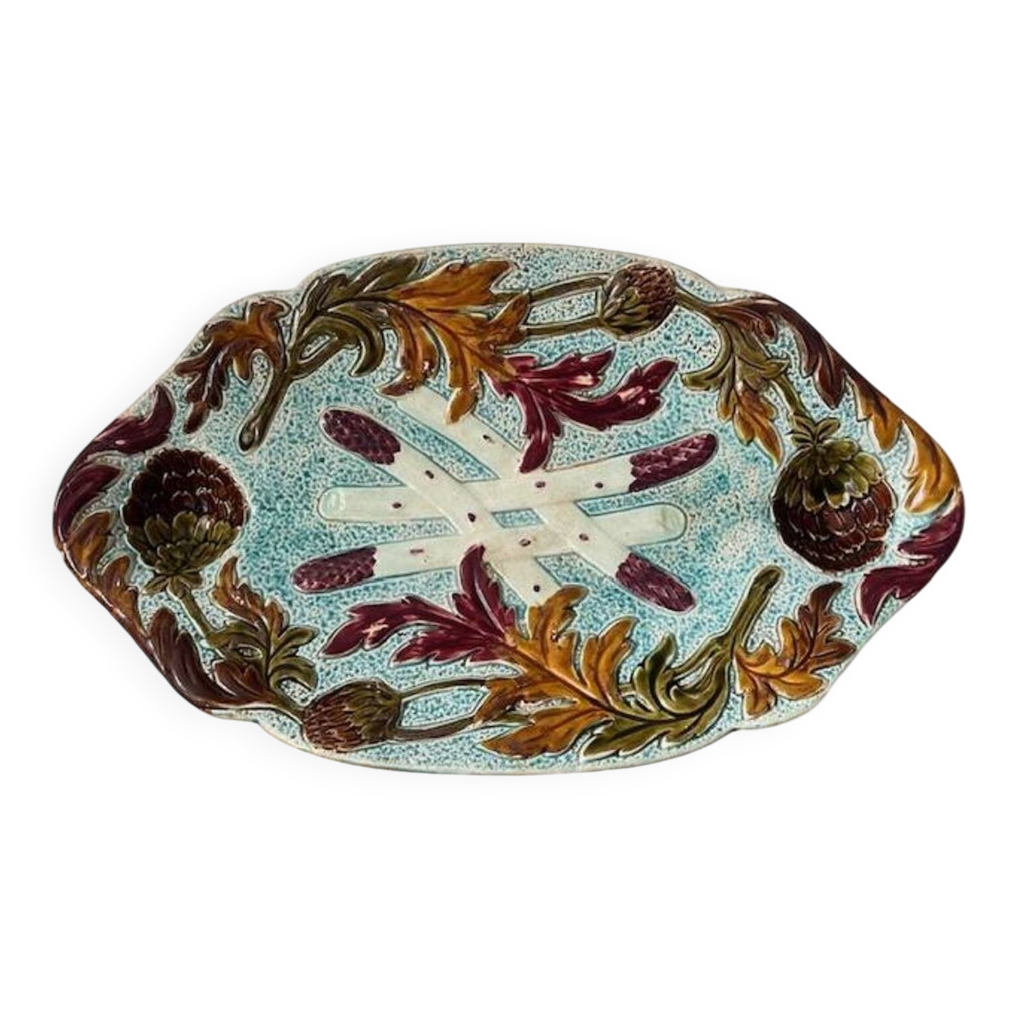 Serving dish for asparagus and artichokes in faience, late 19th century.