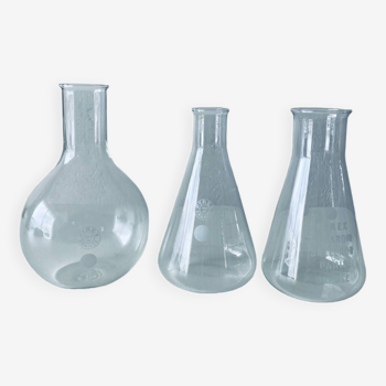 Set of three Pyrex glass chemistry bottles