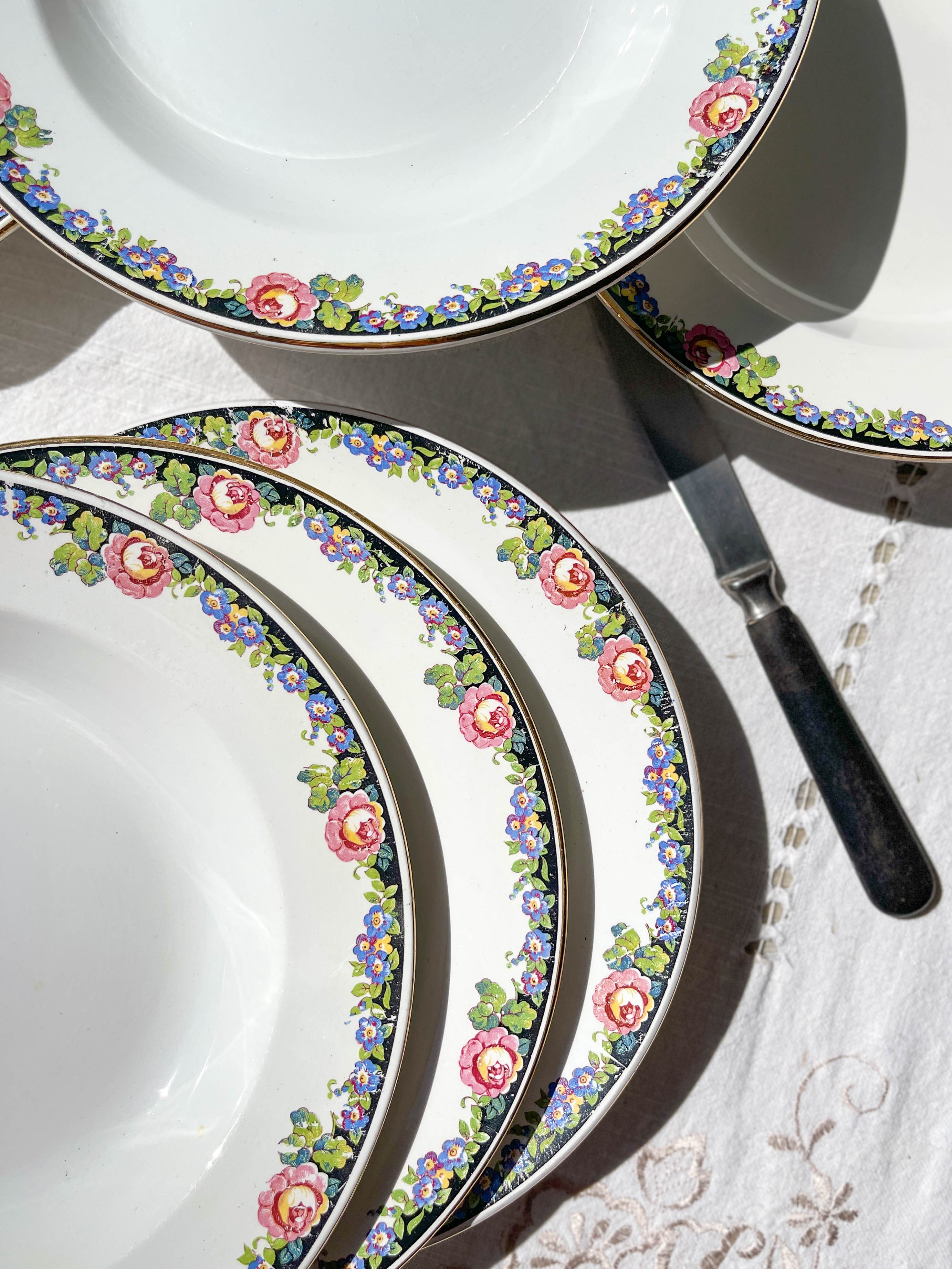 8 Digoin opaque porcelain soup plates with floral pattern "3984" ~