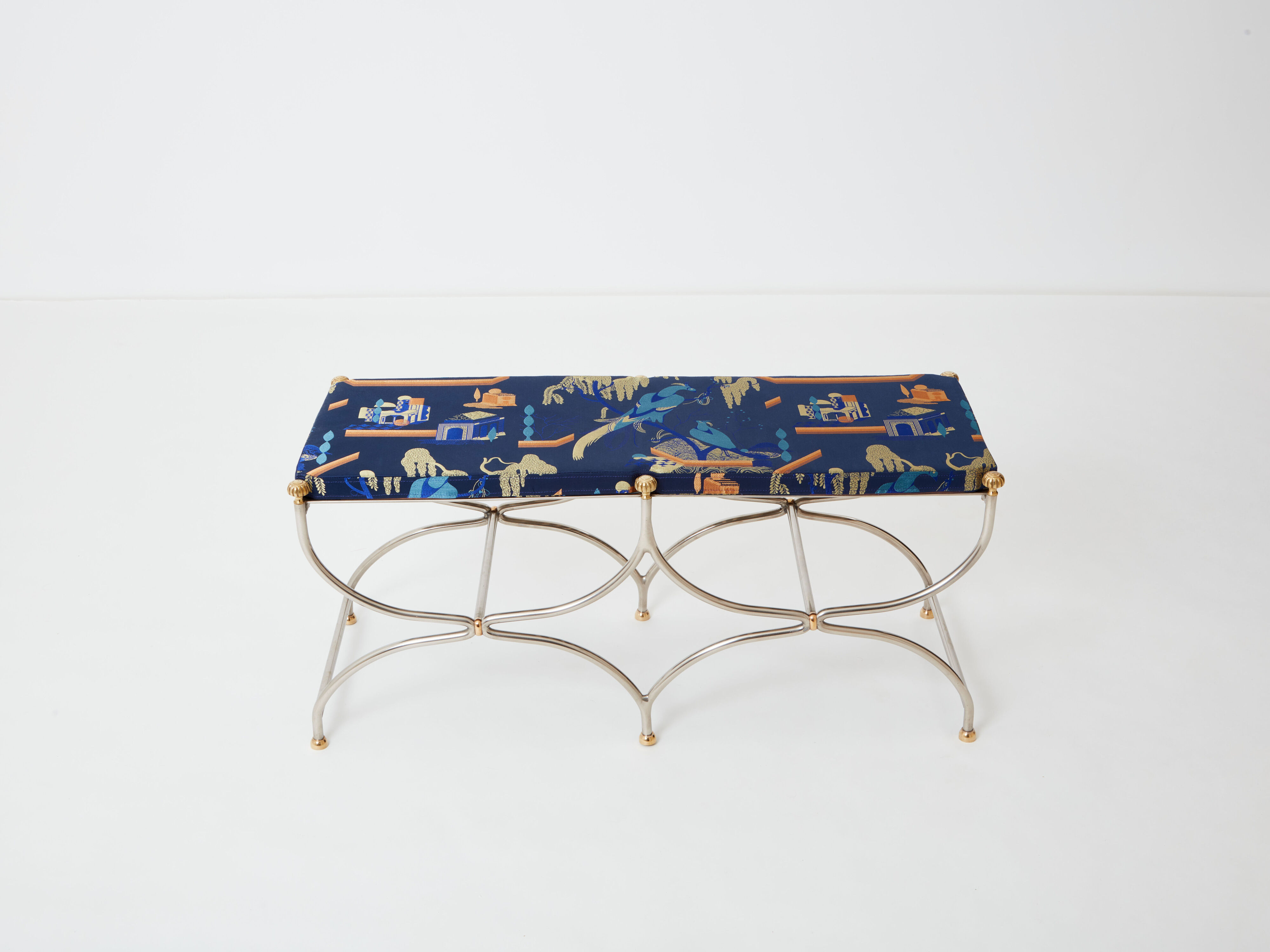 Brass jacquard steel curule bench from Maison Jansen circa 1960