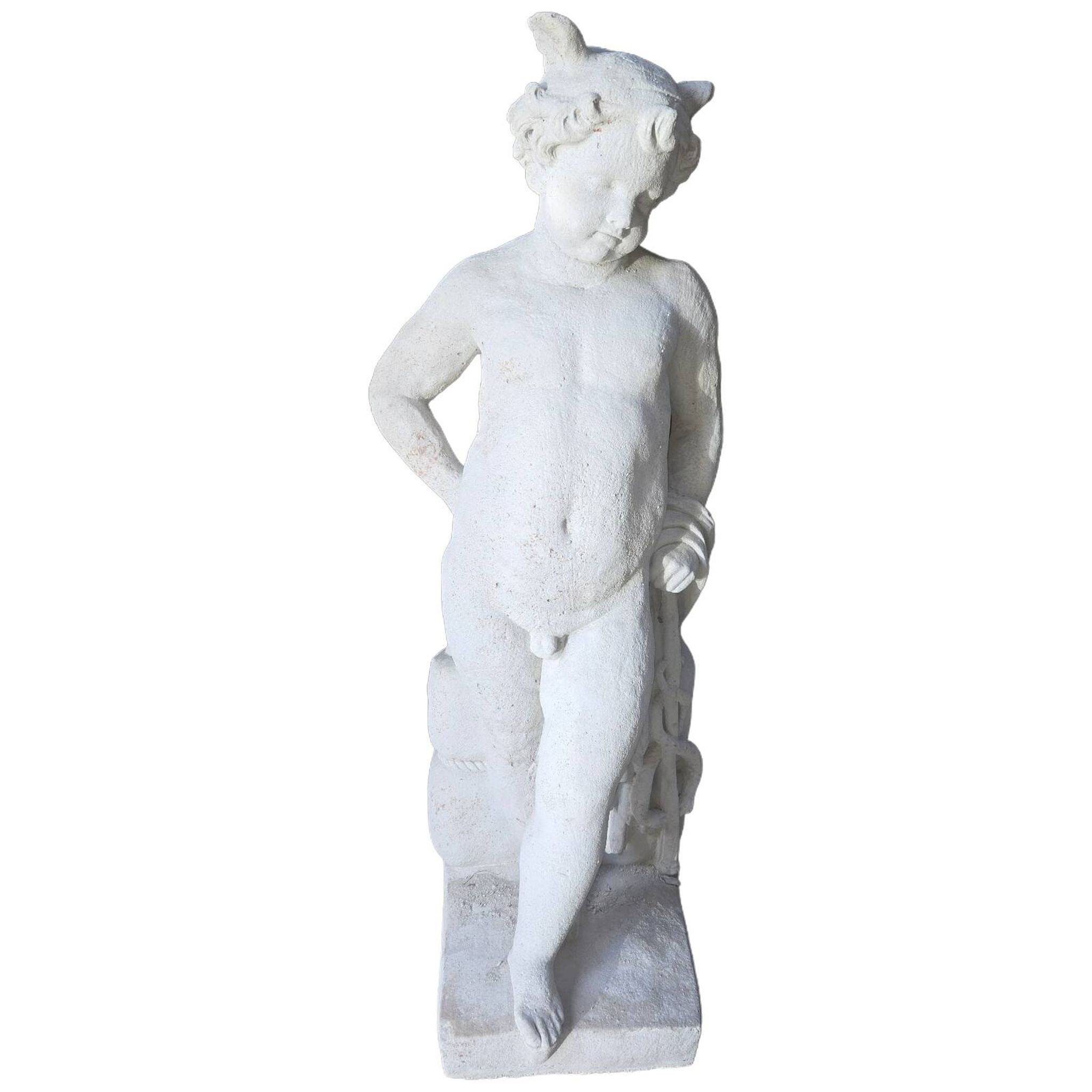 Statue de jardin en pierre reconstituée représentant un jeune faune