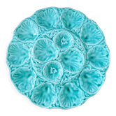 Plat à huîtres turquoise de Gien  majolique barbotine, années 60