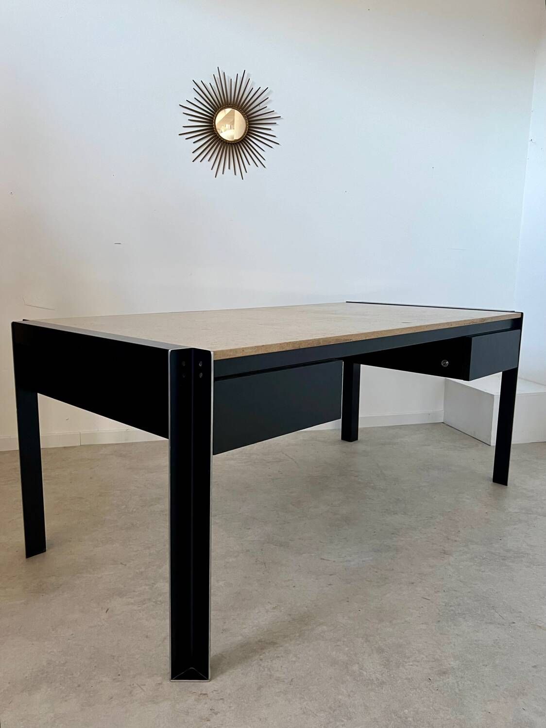 Italian design postmodern desk in metal and vintage 80s travertine top