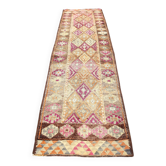 Tapis couloir turc rose doux, tapis vintage géométrique, 96x332 cm