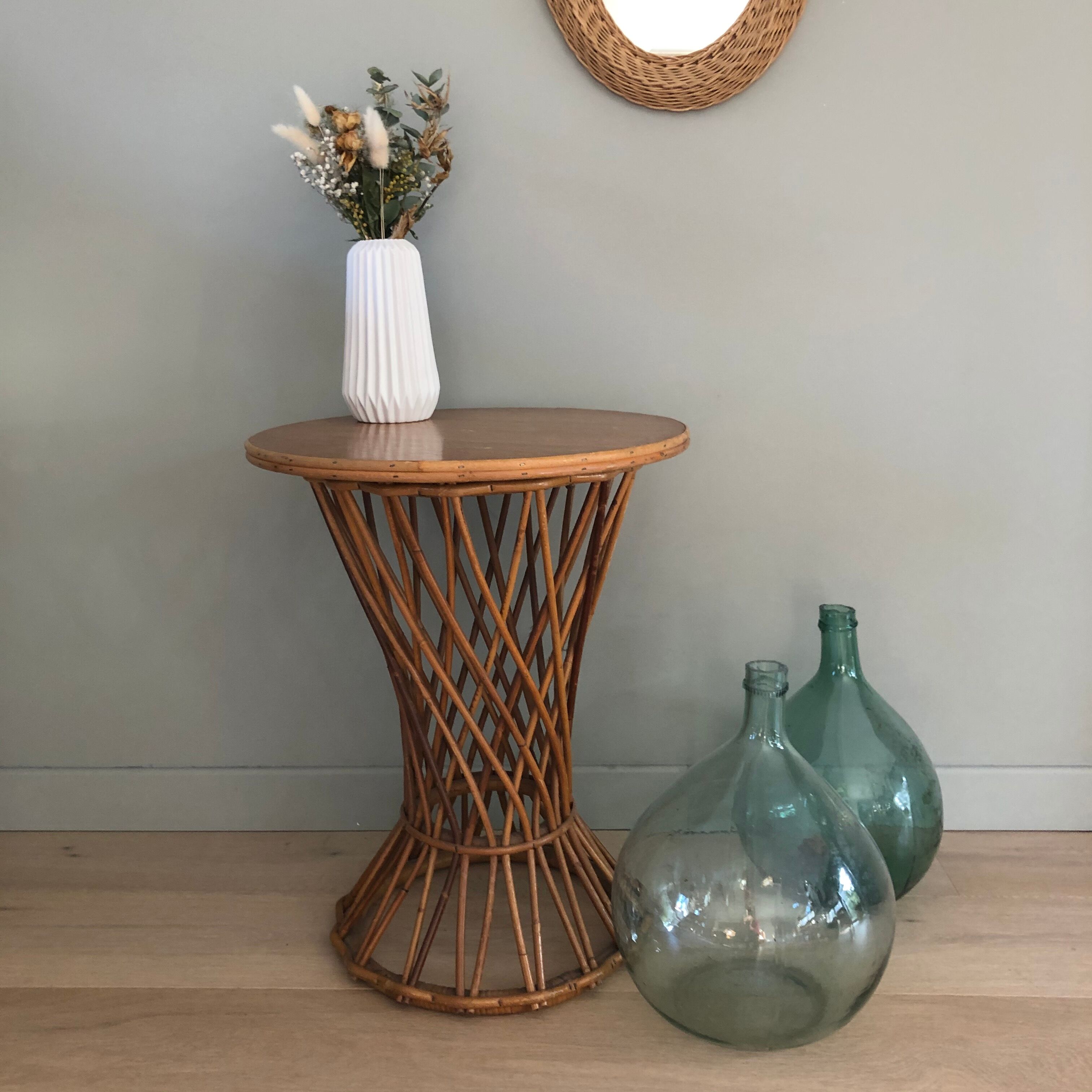 Vintage wooden and rattan side table