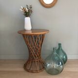 Vintage wooden and rattan side table