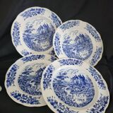 Set of 4 Pyroblan porcelain plates with vintage blue and white decor