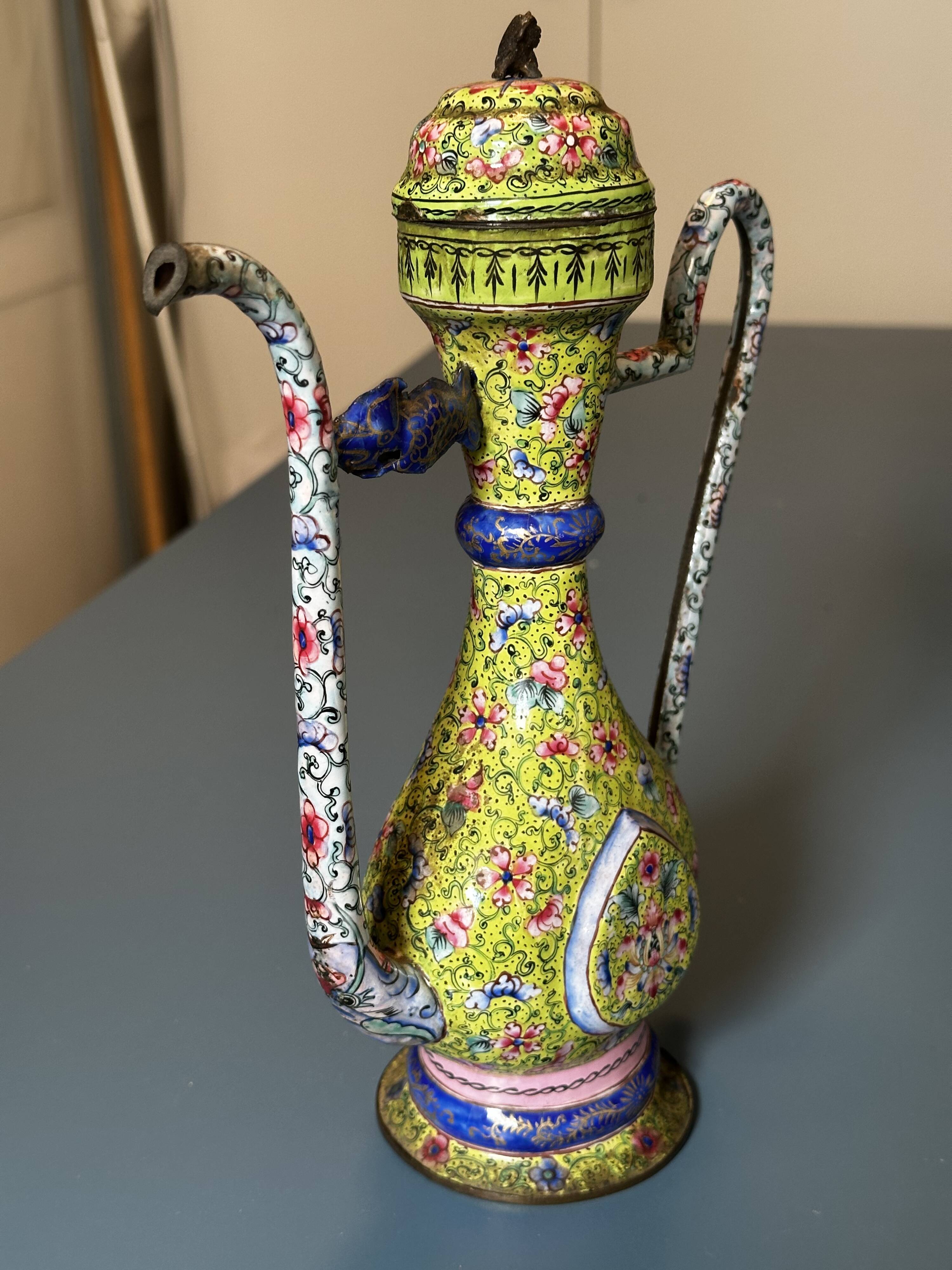 Chinese ewer in painted enamel on copper – floral decoration - Canton 18