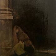 Old painting The beggar woman by G. De Saint Jean, 19th century