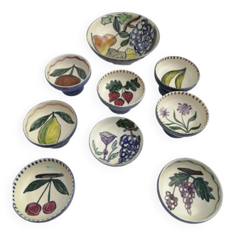 Set of eight cups and a fruit pattern cut, green carpet workshop - circa 1950
