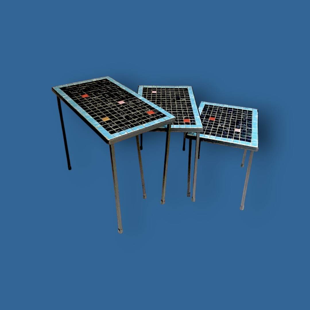 Trio of vintage nesting tables in mosaic and wrought iron