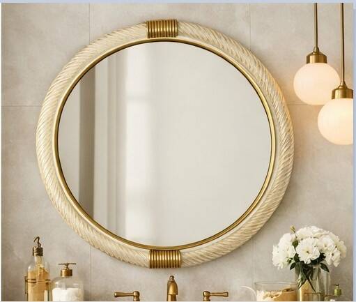 Venetian Round Murano Glass Wall Mirror with Torgiglione-Torchon Design, Ba