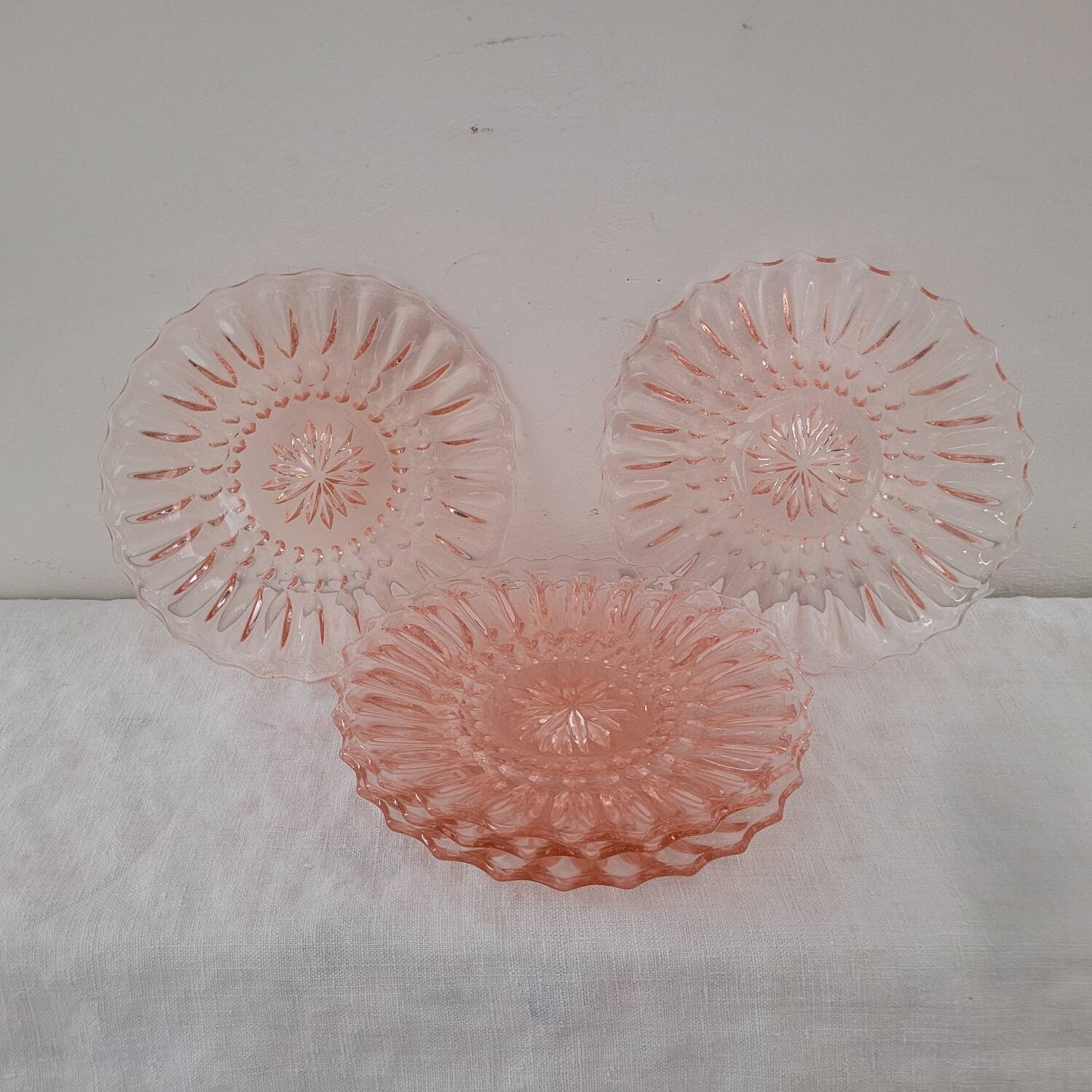Art Deco Pressed Glass Dessert Plates in Pink — Circa 1930