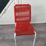 Vintage children's chair in white matel (some splinters of paint) with red scoubidou rope year 70