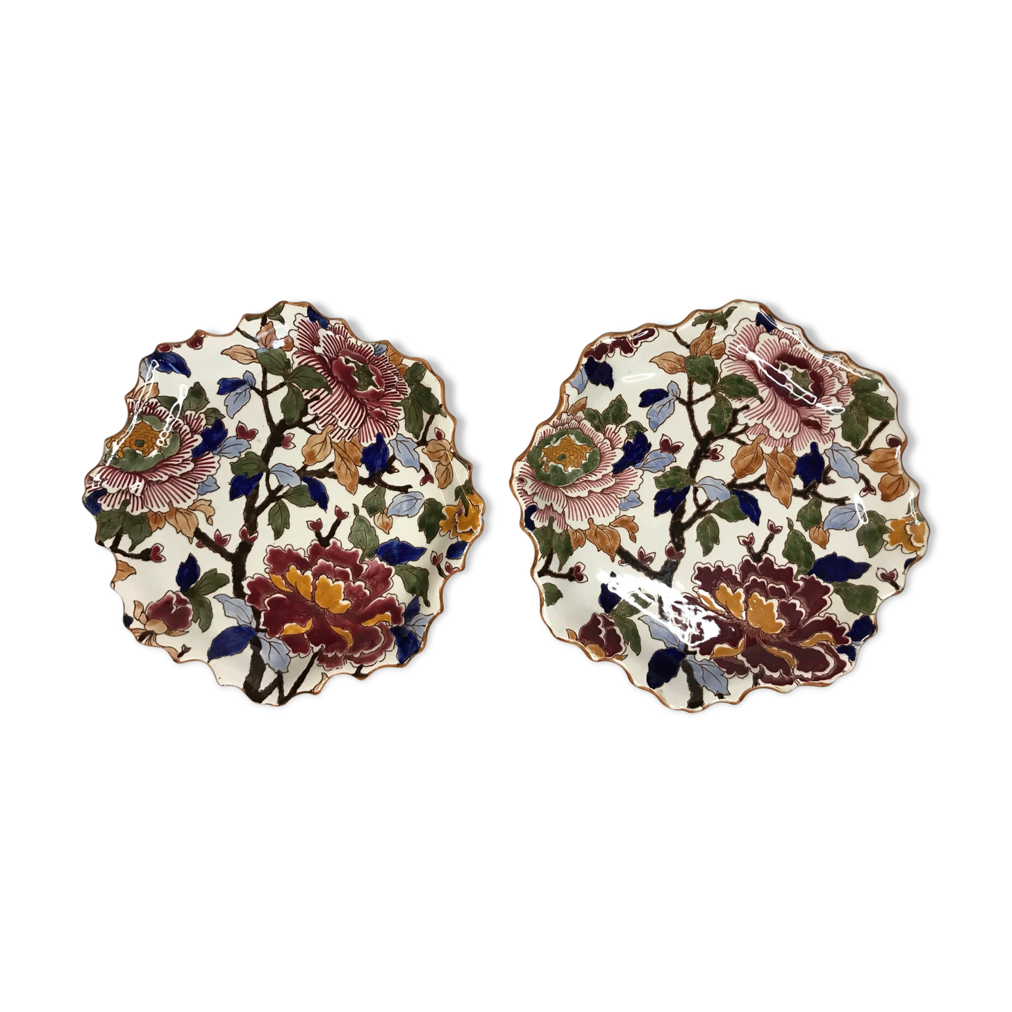 Old pair of earthenware plates Gien peony model XXth