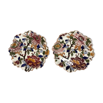 Ancienne paire d’assiettes en faïence Gien modèle pivoine XXème