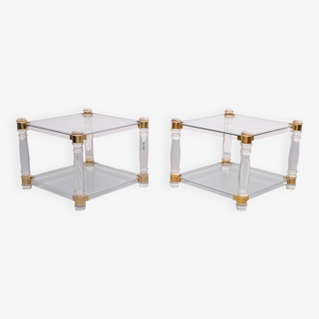 Pair of Vintage Lucite and brass side tables hollywood regency 1980s France