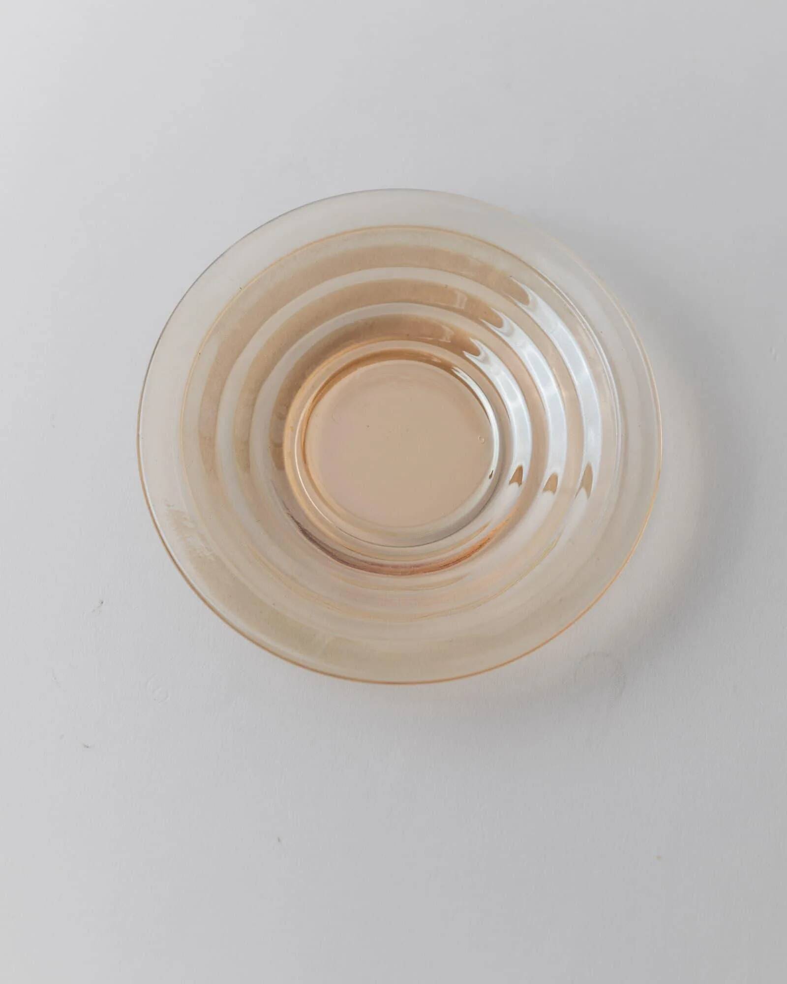 Vintage 1950s glass coffee cups, set of 5, iridescent peach ribbed glass with saucers, Italian design Gondolo.